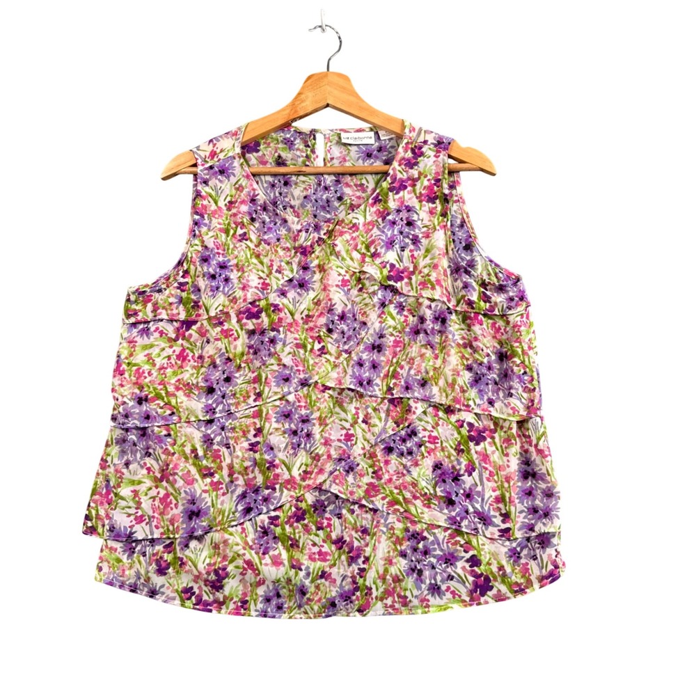 Liz Claiborne Blouse PL Purple Floral Tiered Ruffle Sleeveless Top Boho Cottage